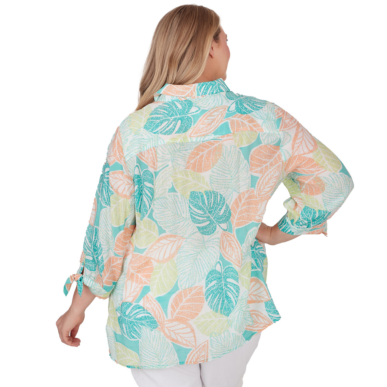 Ruby Rd. Plus Size Tile Print Split V-Neck 3/4 Sleeve Silky Fiji Top