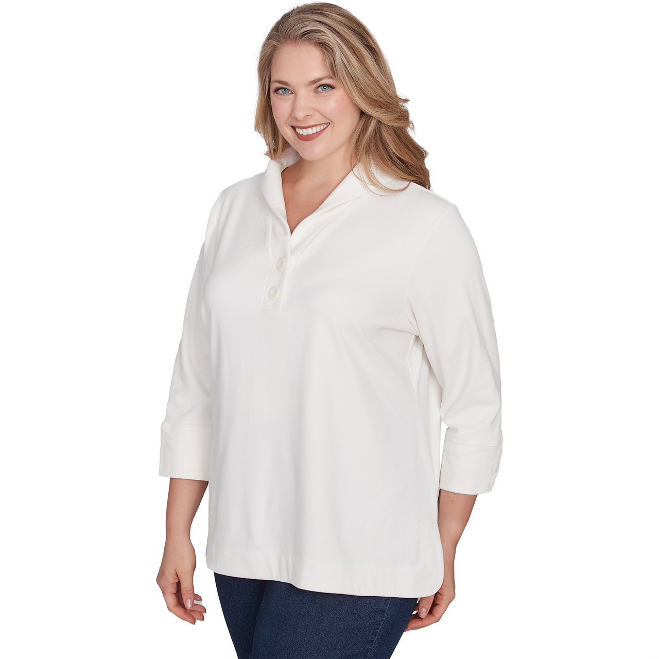 Plus Women's Luxe Collared V-Neck Stretch Rib Knit Top