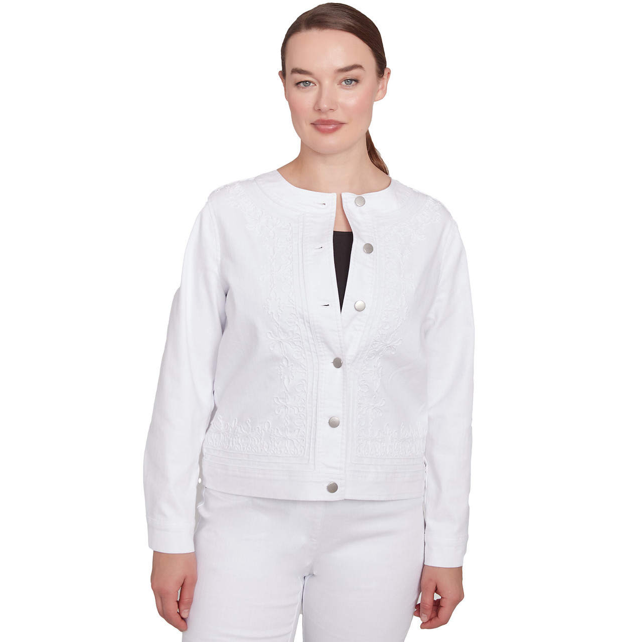 Women's White Stretch Denim Embroidered Jacket | Ruby Rd.