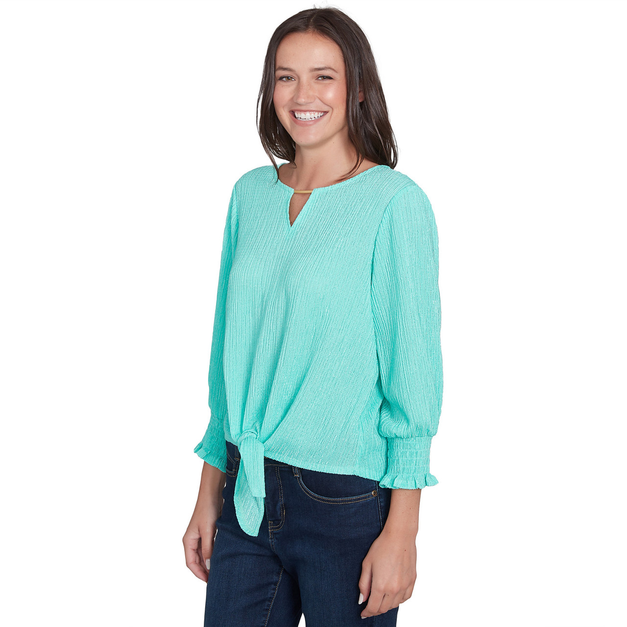 Women's Solid Crinkle Shine Tie Front Top | Ruby Rd.