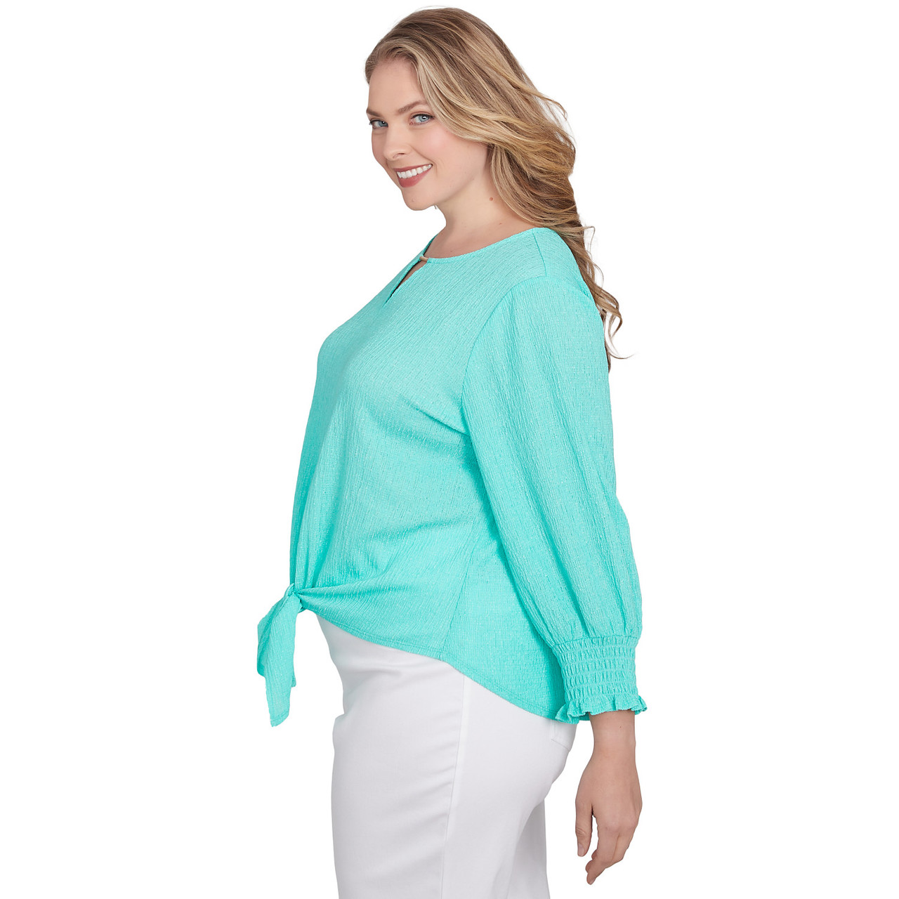 Plus Women's Solid Crinkle Shine Tie Front Top | Ruby Rd.