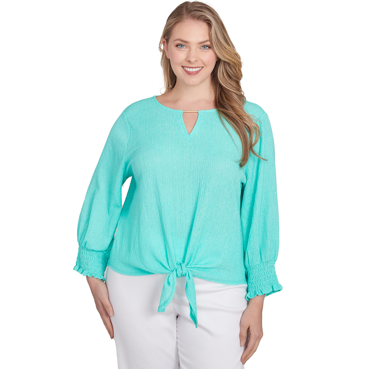 Plus Women's Solid Crinkle Shine Tie Front Top | Ruby Rd.