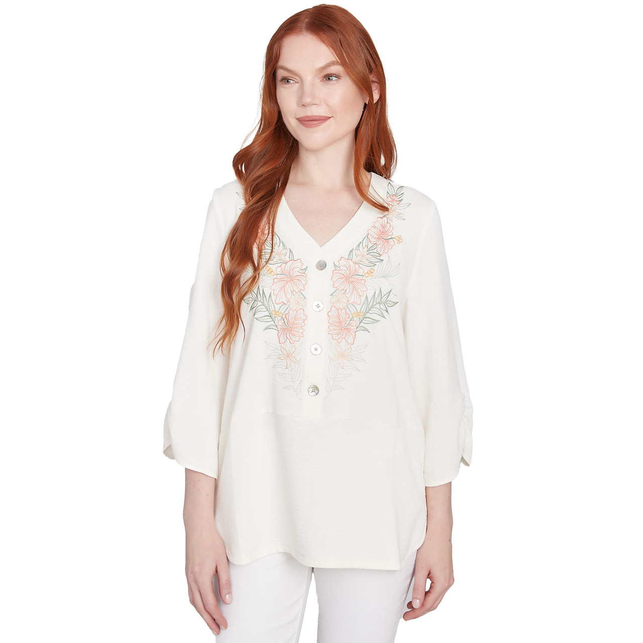 Women's Floral Embroidery Solid Gauze Henley Top | Ruby Rd.