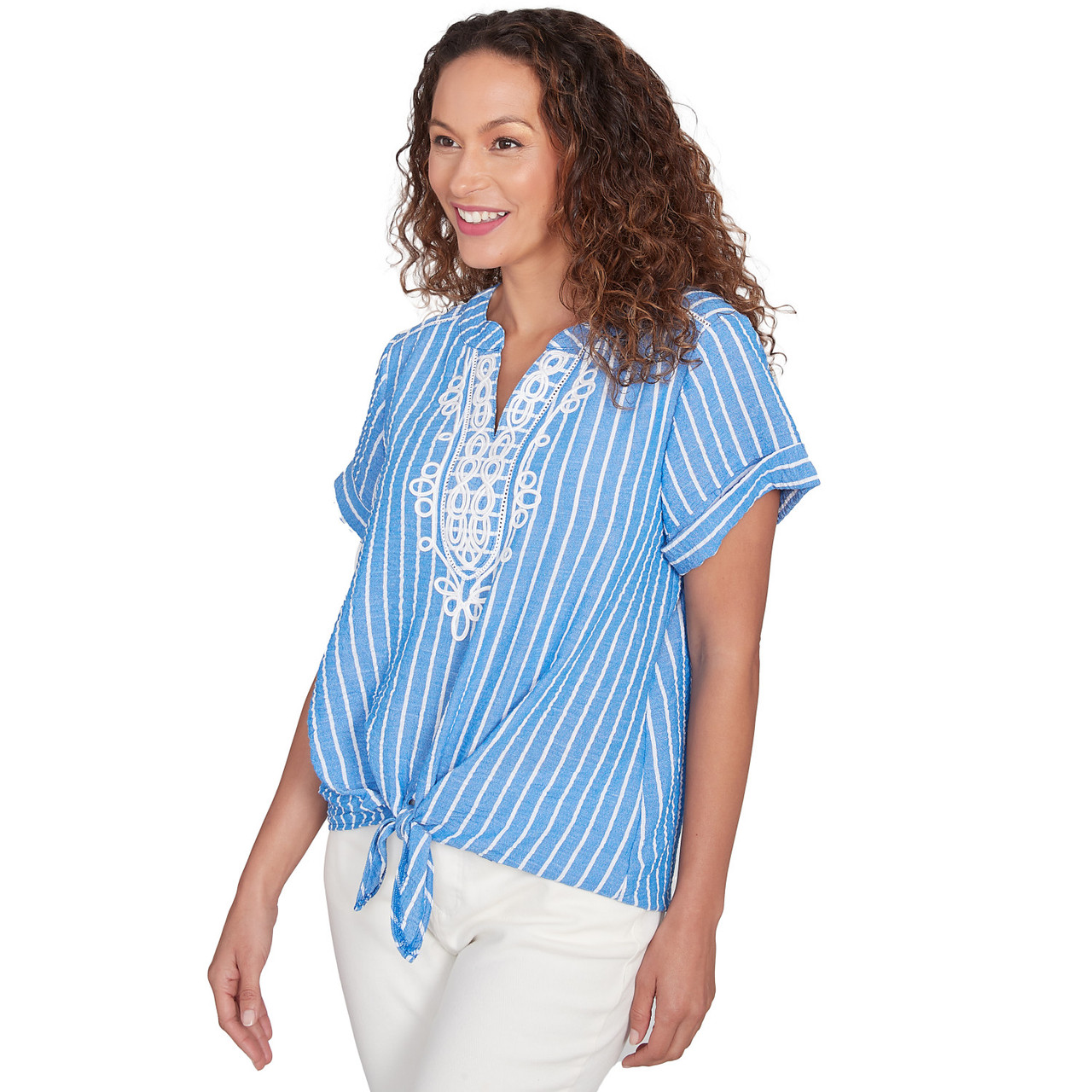 Women's Yarn Dye Stripe Embellished Tie Front Top | Ruby Rd.