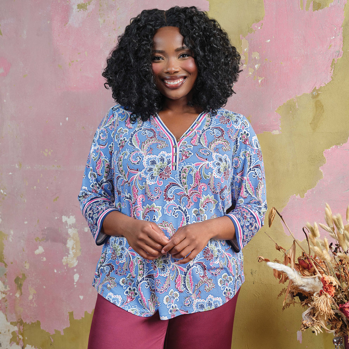Women's Stripe Trim Paisley Henley Top | Ruby Rd.