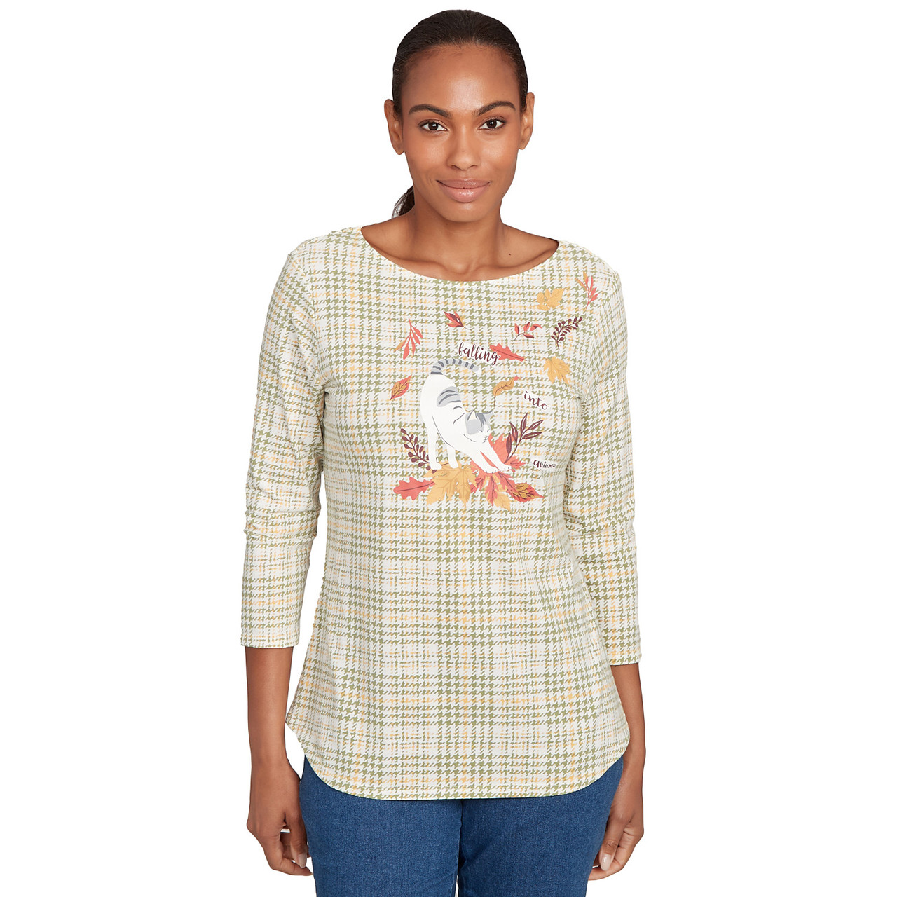 女王蜂 qb original night wear tops(cotton) Women's Autumn Cat Houndstooth Top | Ruby Rd.