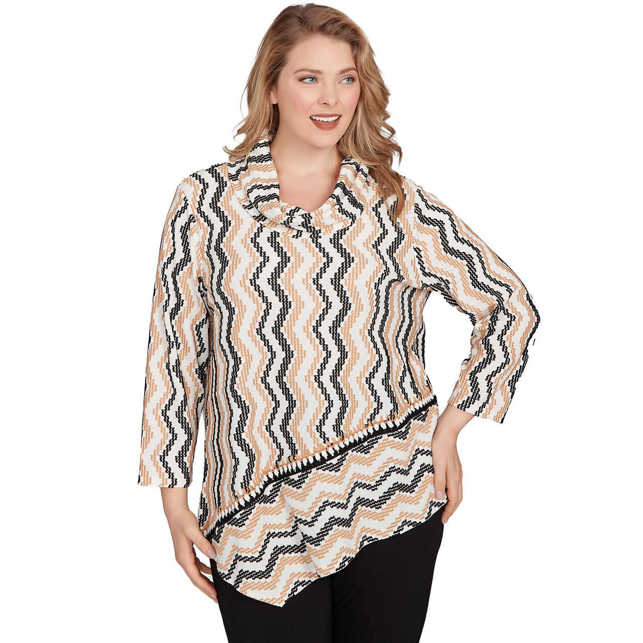 Plus Women's Cowl Neck Zigzig Textured Knit Top Ruby