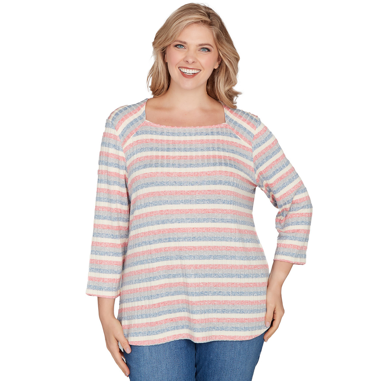 Plus Women's Marled Stripe Envelope Neck Rib Knit Top | Ruby Rd.