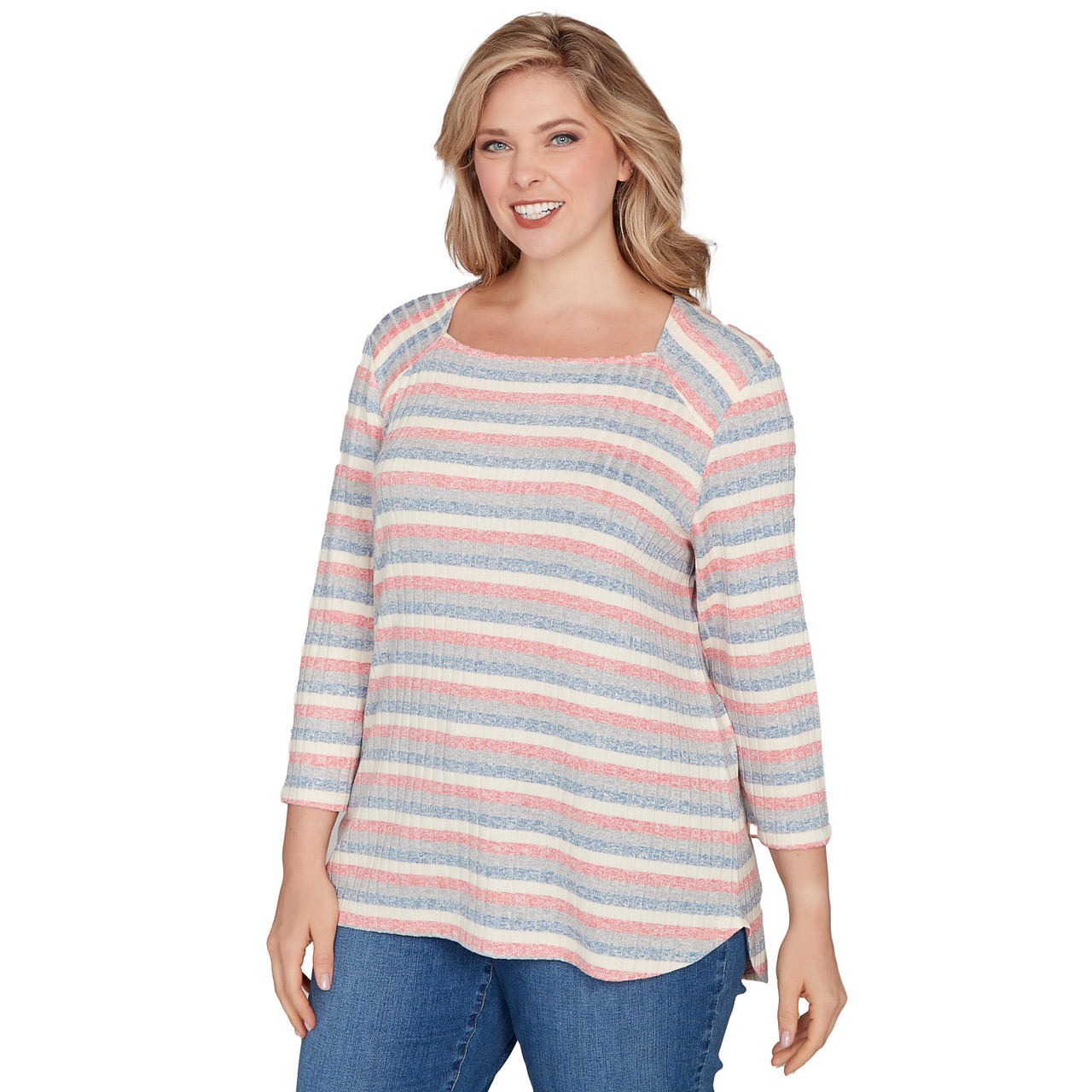 Plus Women's Marled Stripe Envelope Neck Rib Knit Top | Ruby Rd.