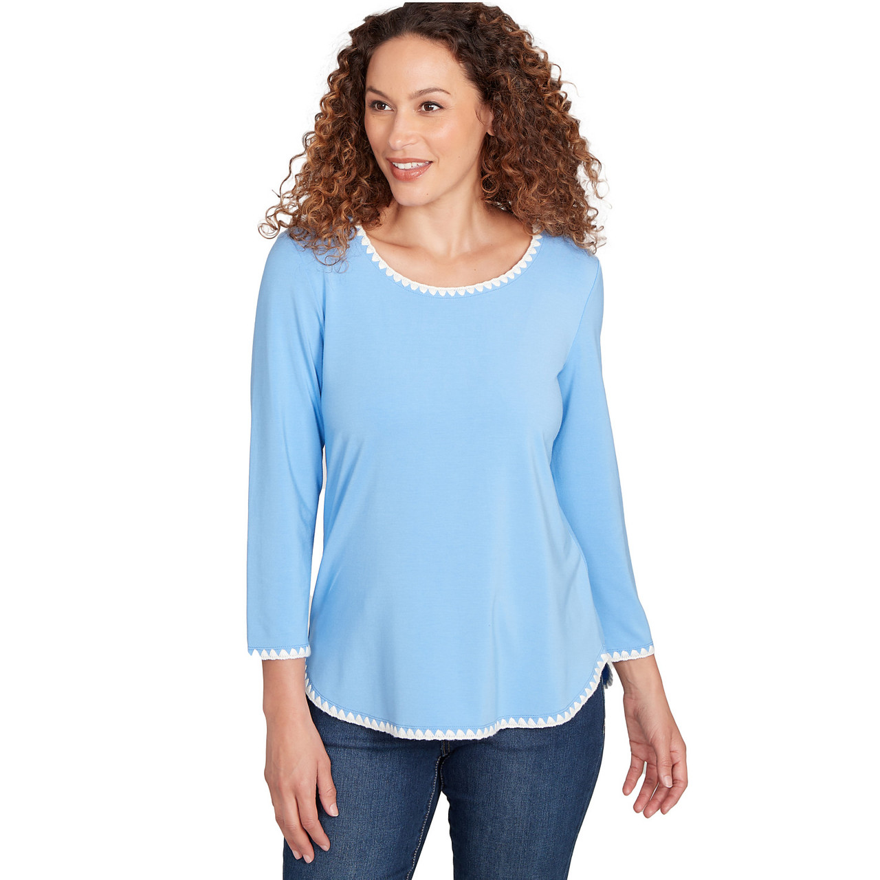 Women's Contrast Embroidered Solid Knit Top | Ruby Rd.
