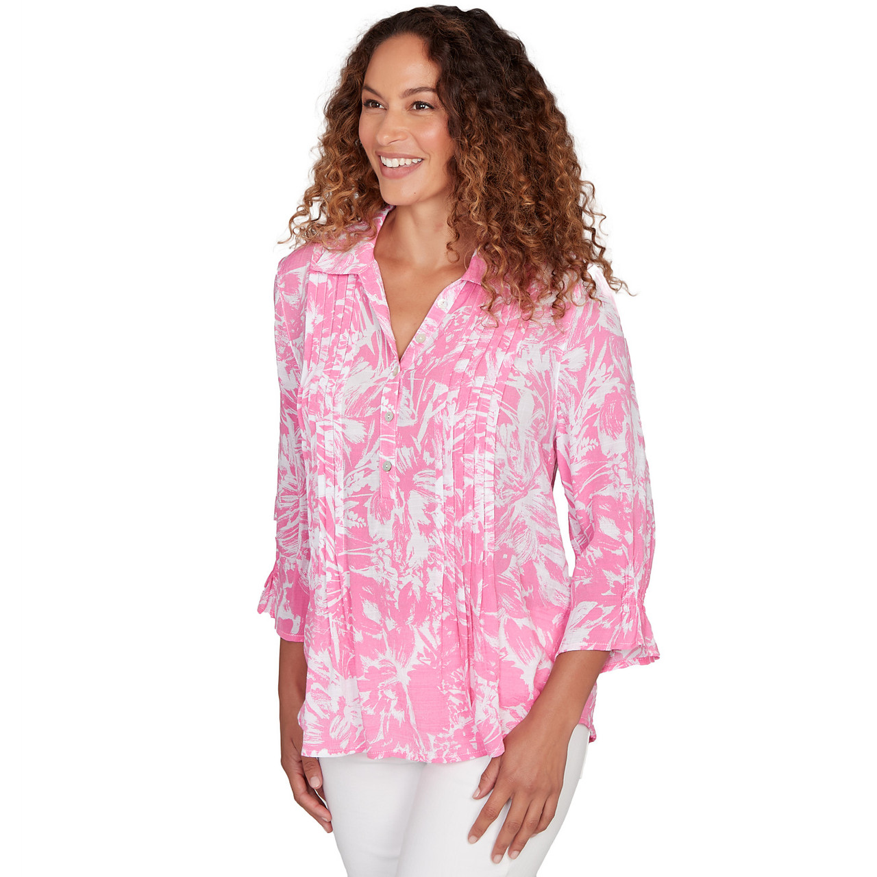 Petite Women's Brushstroke Floral Silky Gauze Popover Top | Ruby Rd.