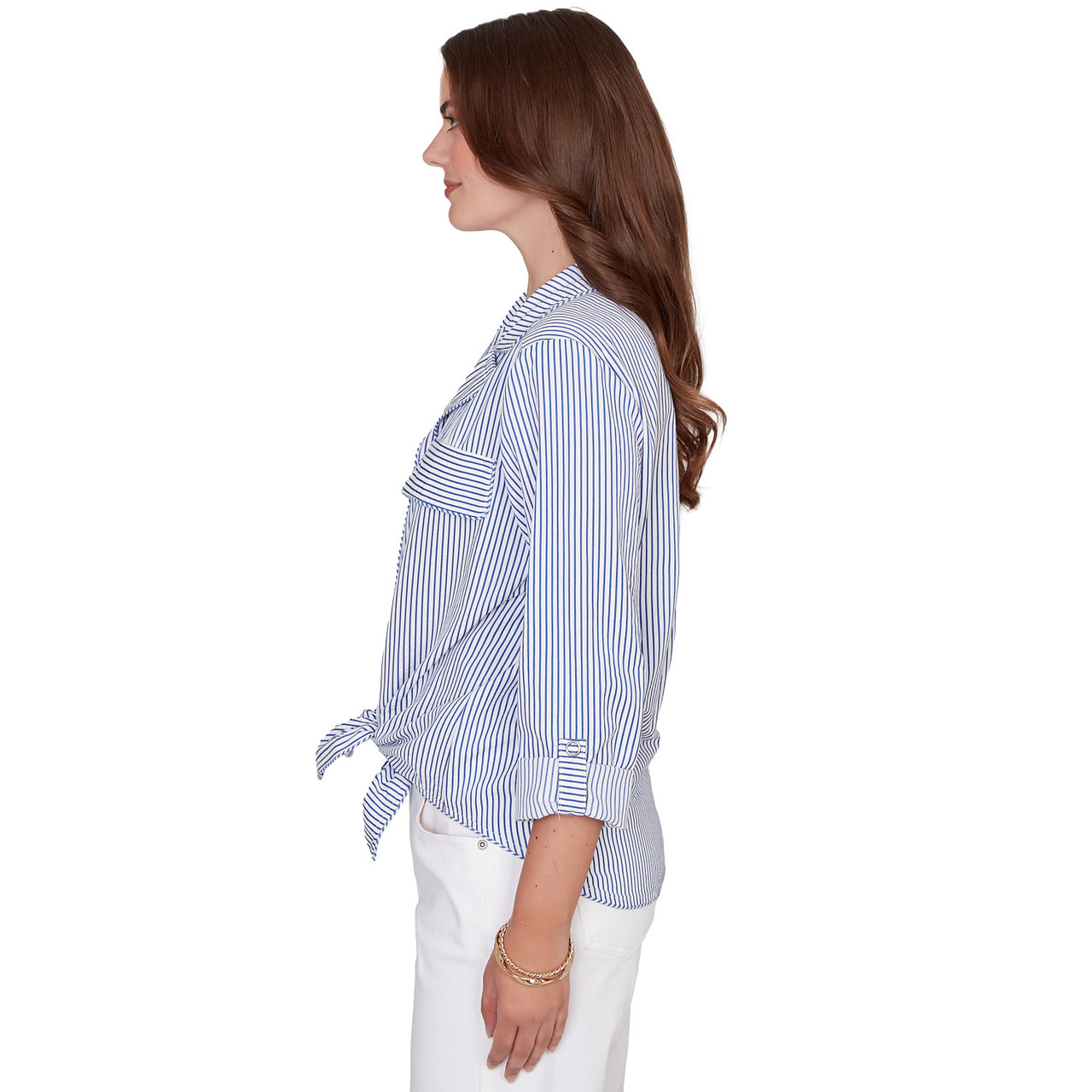 Women's Snap Front Tie Hem Pucker Stripe Top | Ruby Rd.