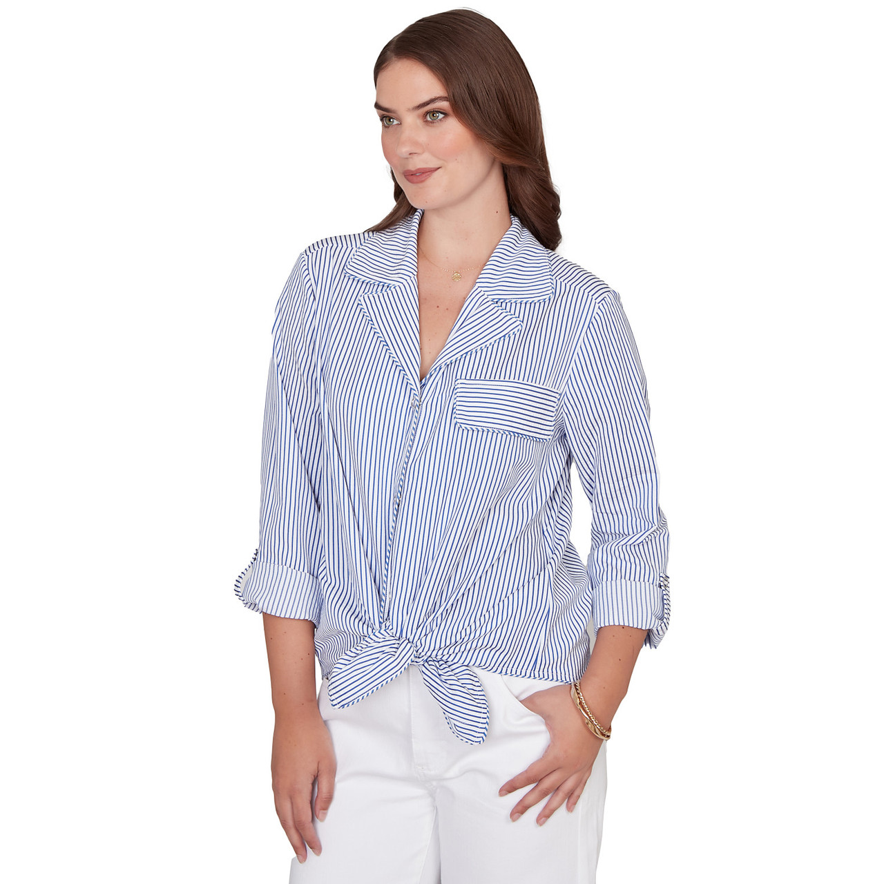Women's Snap Front Tie Hem Pucker Stripe Top | Ruby Rd.