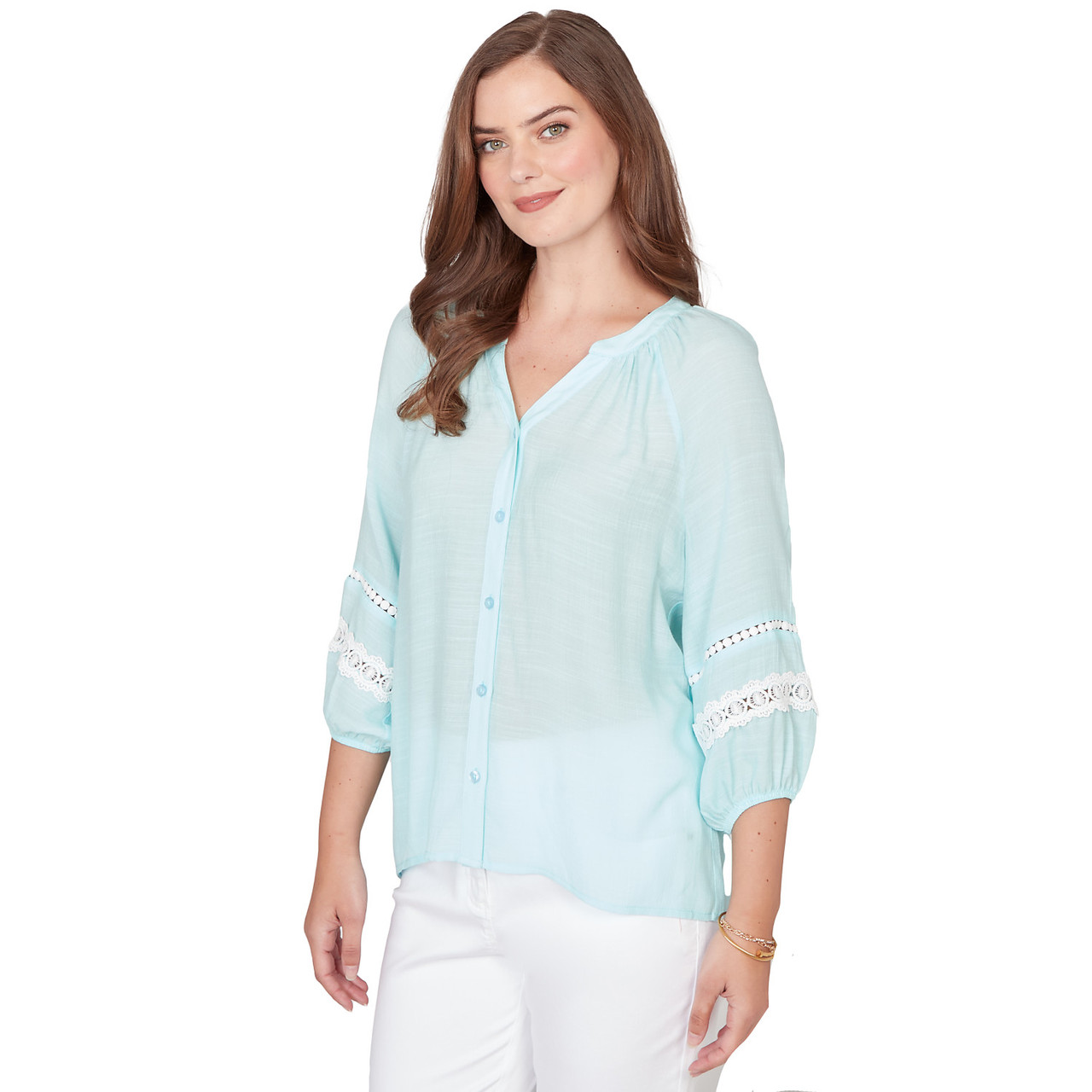 Women's Silky Gauze Lace Trim Peasant Blouse | Ruby Rd.