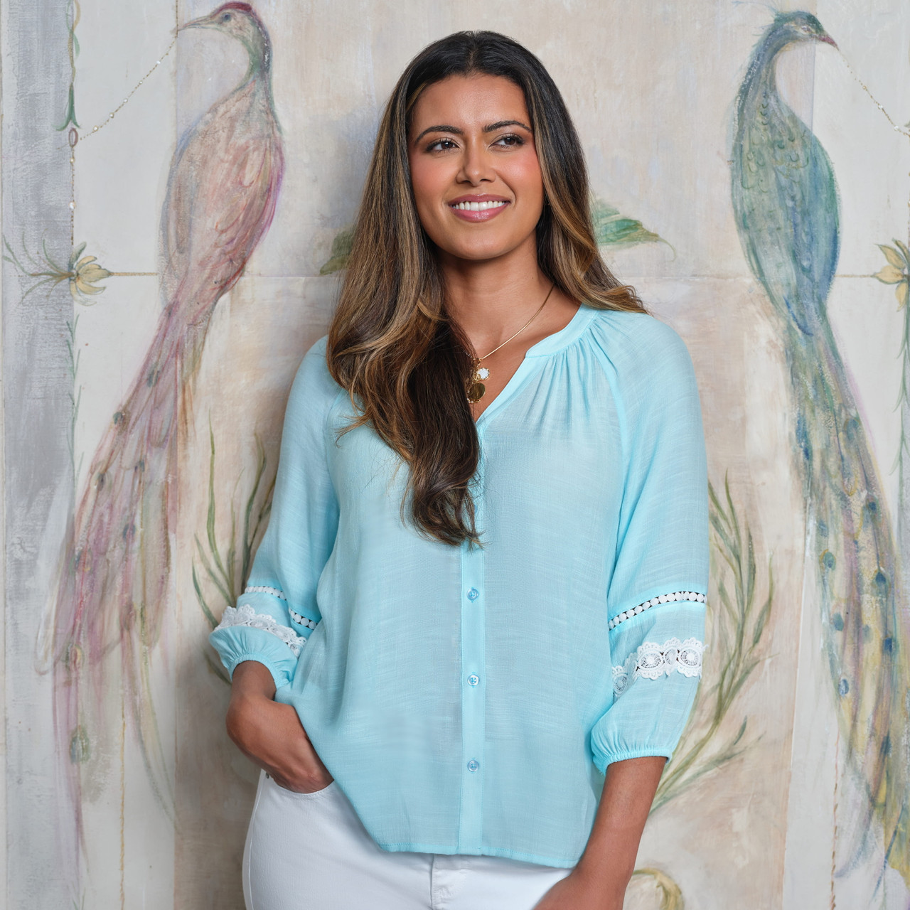 Women's Silky Gauze Lace Trim Peasant Blouse | Ruby Rd.