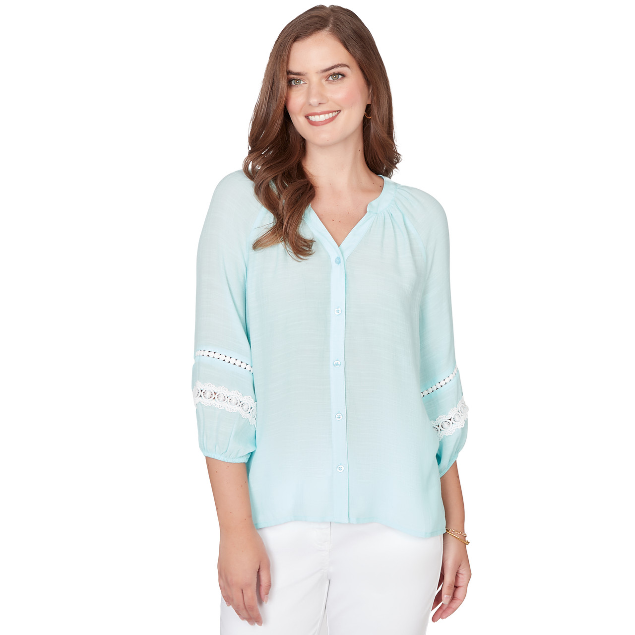 Women's Silky Gauze Lace Trim Peasant Blouse | Ruby Rd.