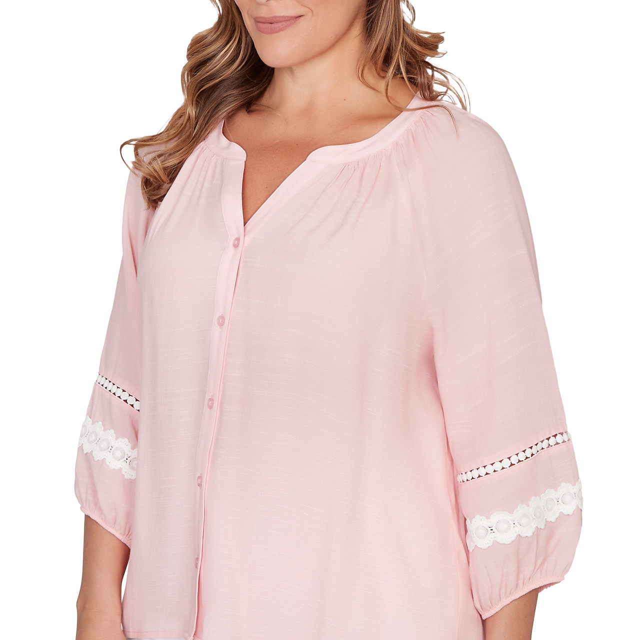 Plus Women's Silky Gauze Lace Trim Peasant Blouse | Ruby Rd.