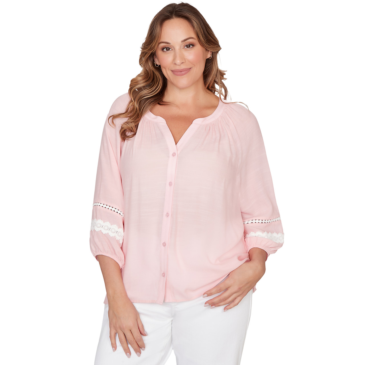 Plus Women's Silky Gauze Lace Trim Peasant Blouse | Ruby Rd.