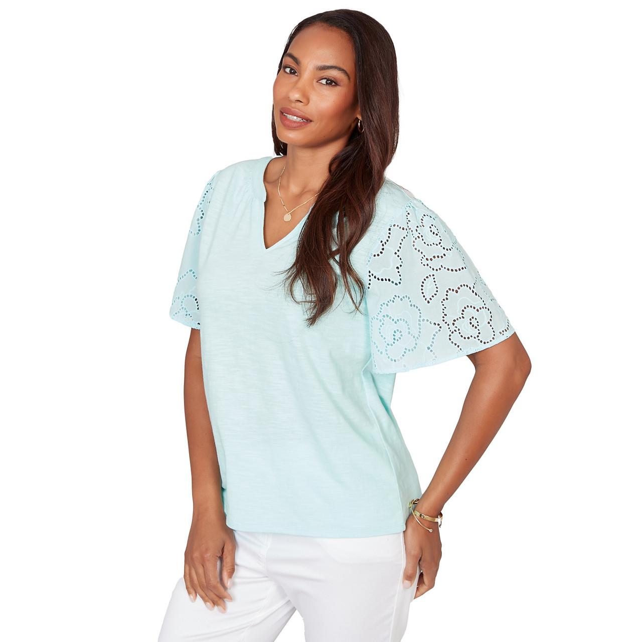 Women's Eyelet Sleeve Cotton Jersey Top | Ruby Rd.