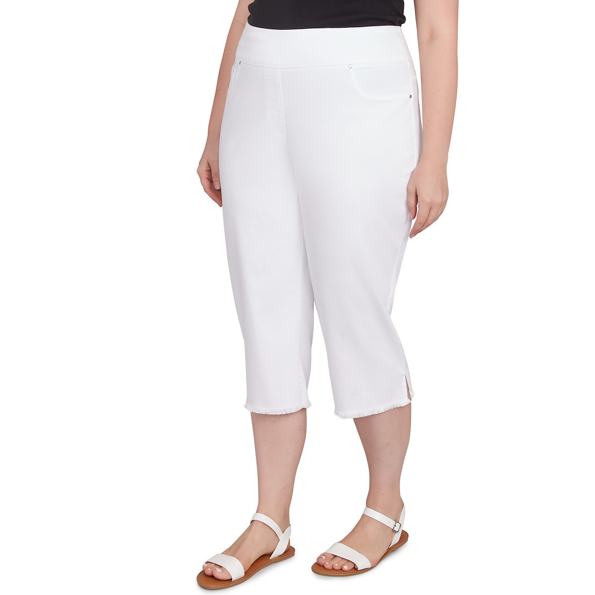 Plus Women's Tencel(Tm) Stretch Denim Fringe Hem Capri | Ruby Rd.
