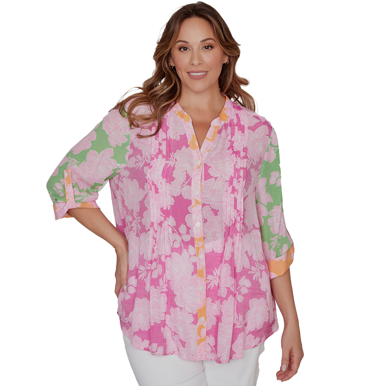 Plus Women's Color Block Floral Pintuck Gauze Blouse | Ruby Rd.