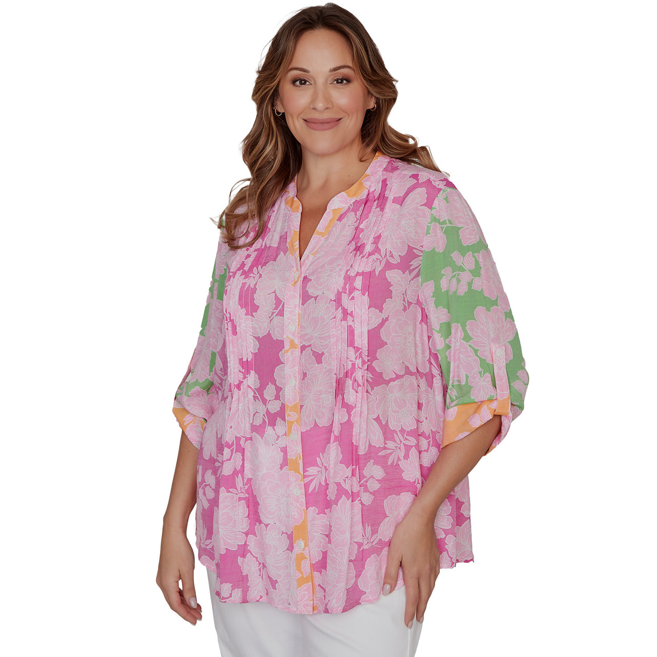 Plus Women's Color Block Floral Pintuck Gauze Blouse | Ruby Rd.