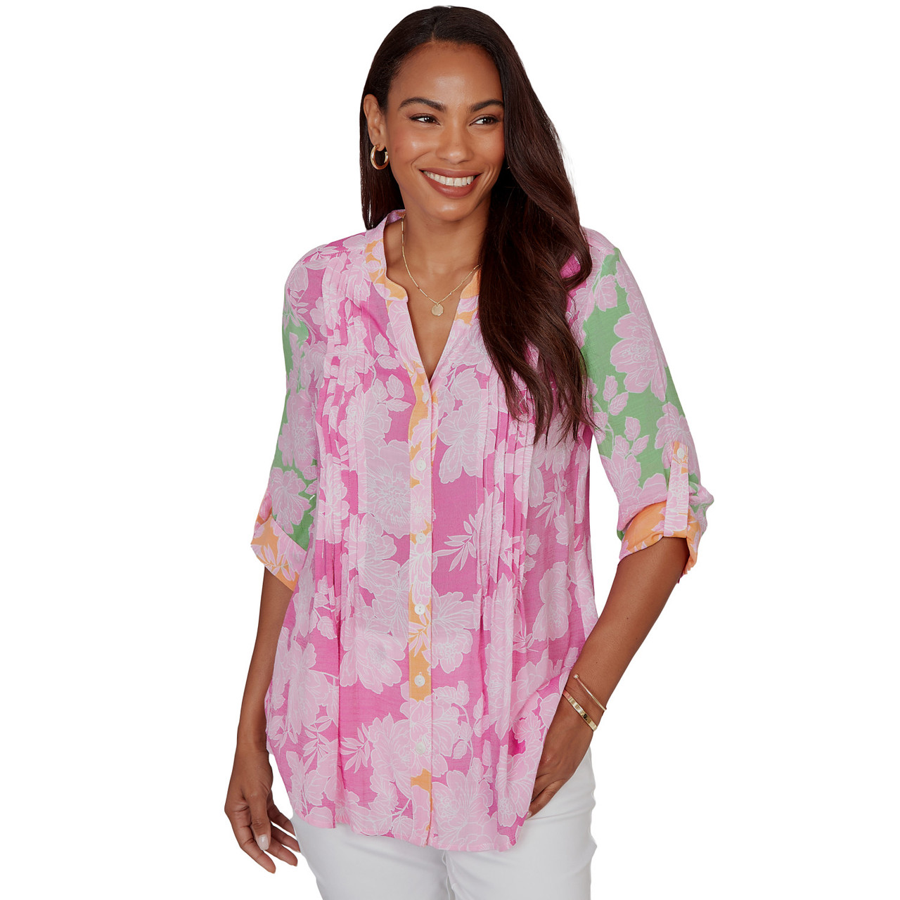 Women's Color Block Floral Pintuck Gauze Blouse | Ruby Rd.