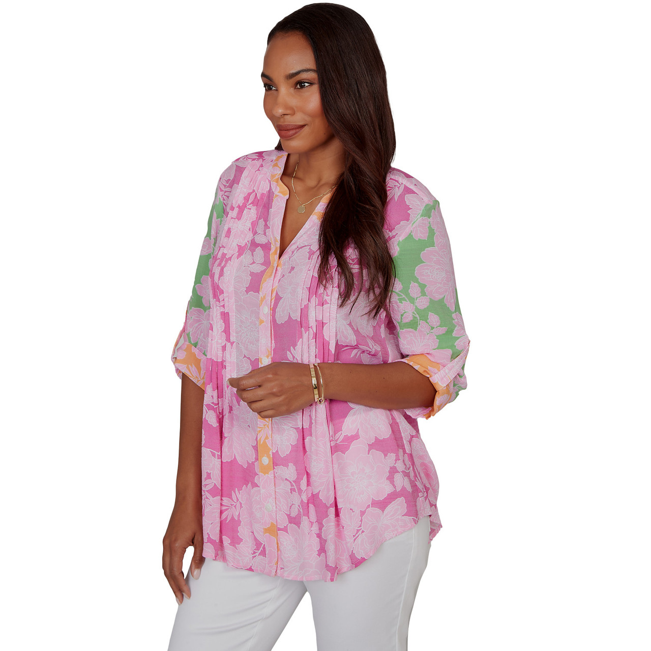 Women's Color Block Floral Pintuck Gauze Blouse | Ruby Rd.