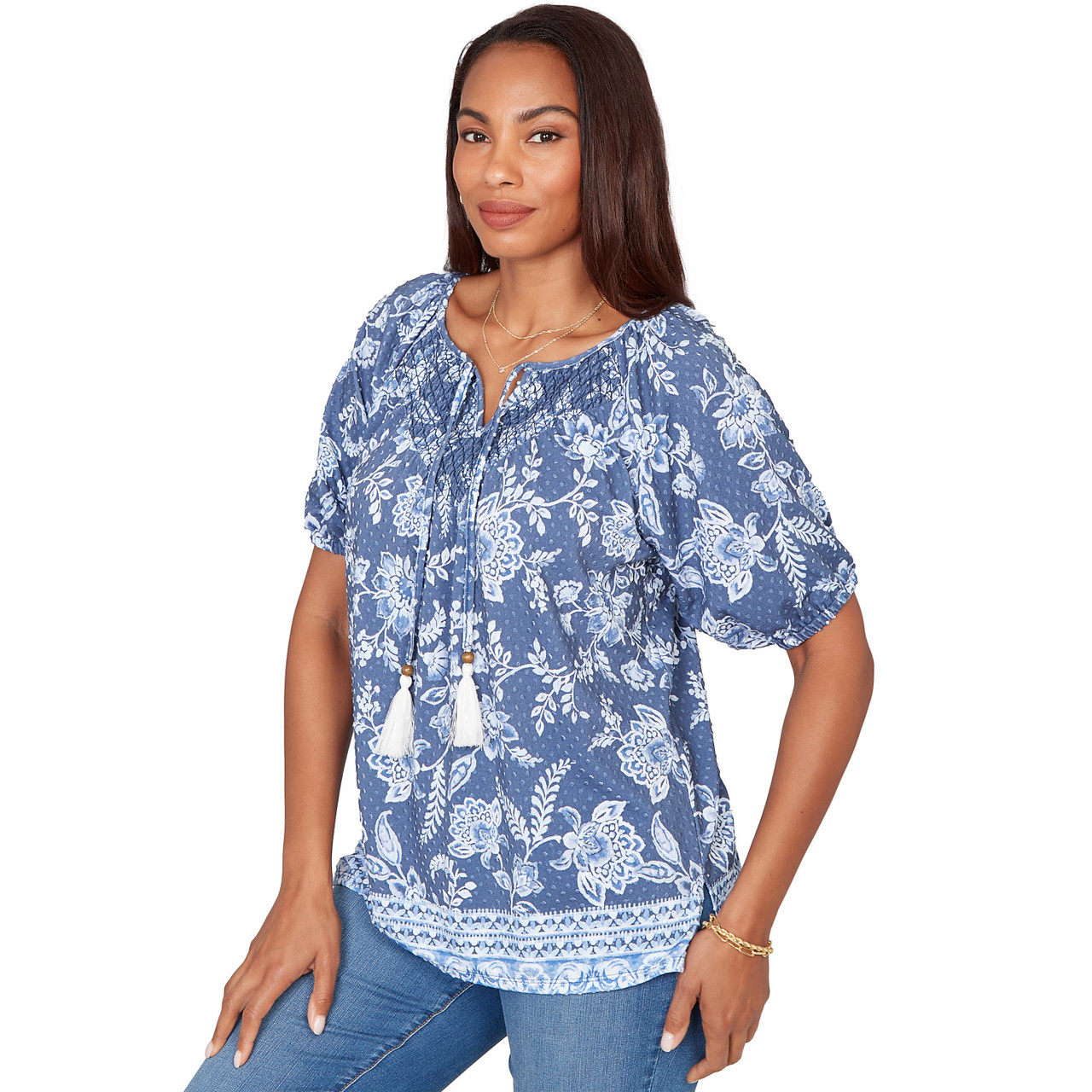 Women's Smocked Floral Clip Dot Top | Ruby Rd.