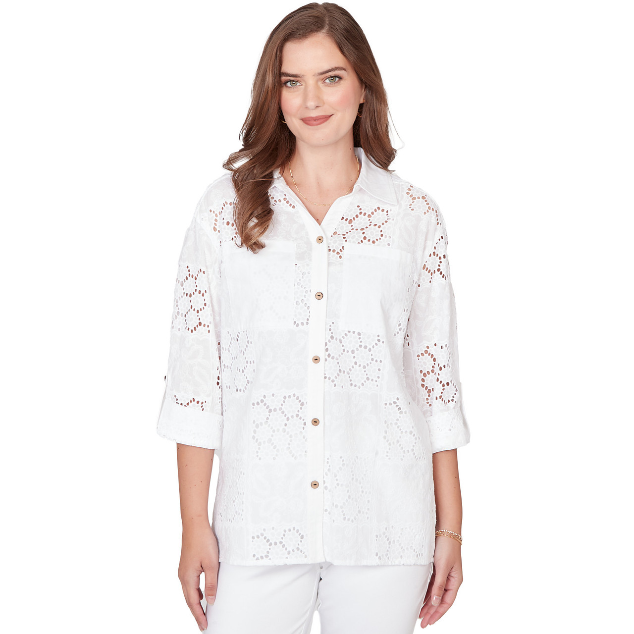Women's Patchwork Eyelet Roll-Tab Sleeve Top | Ruby Rd.