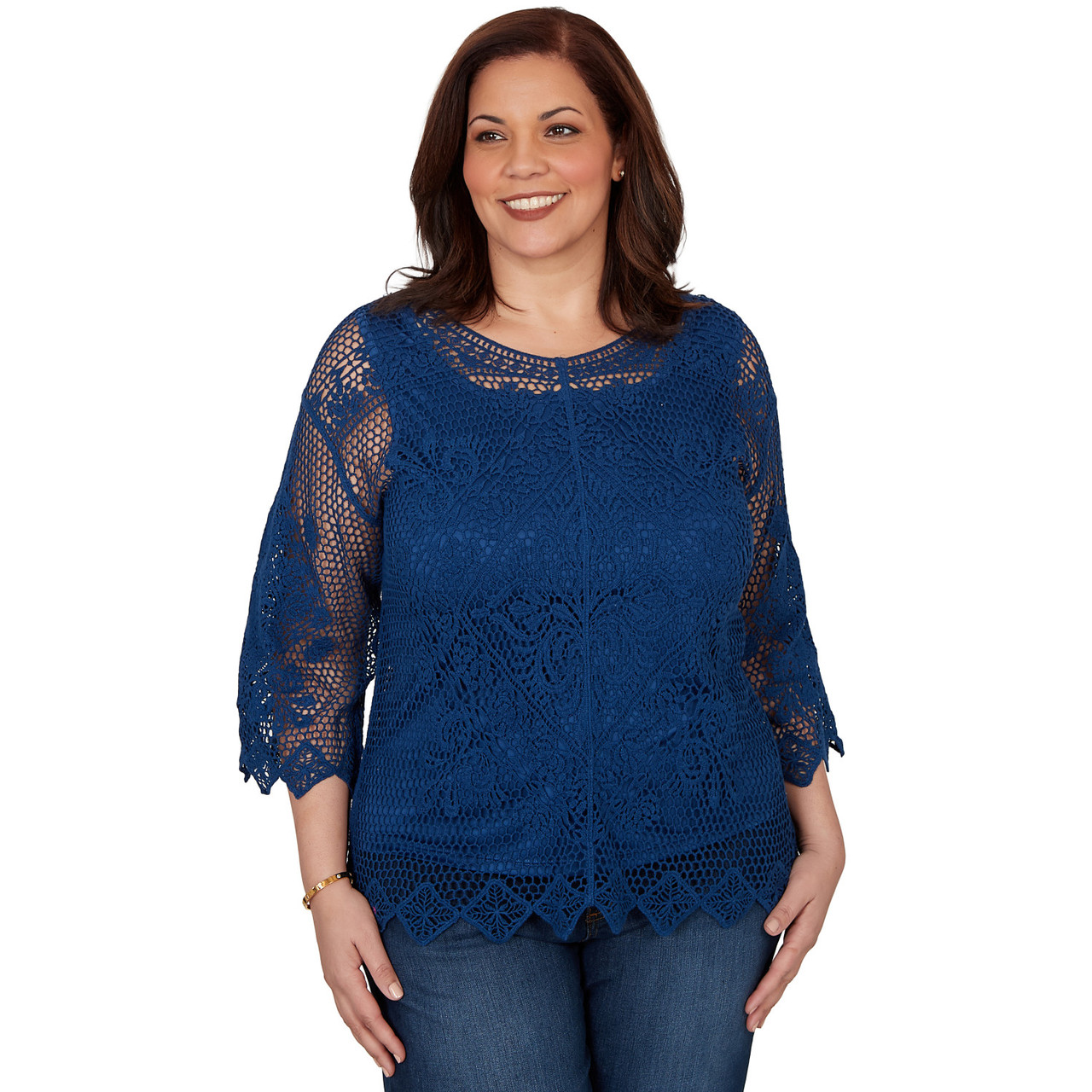 Plus Women's Scalloped Medallion Crochet Lined Lace Top | Ruby Rd.