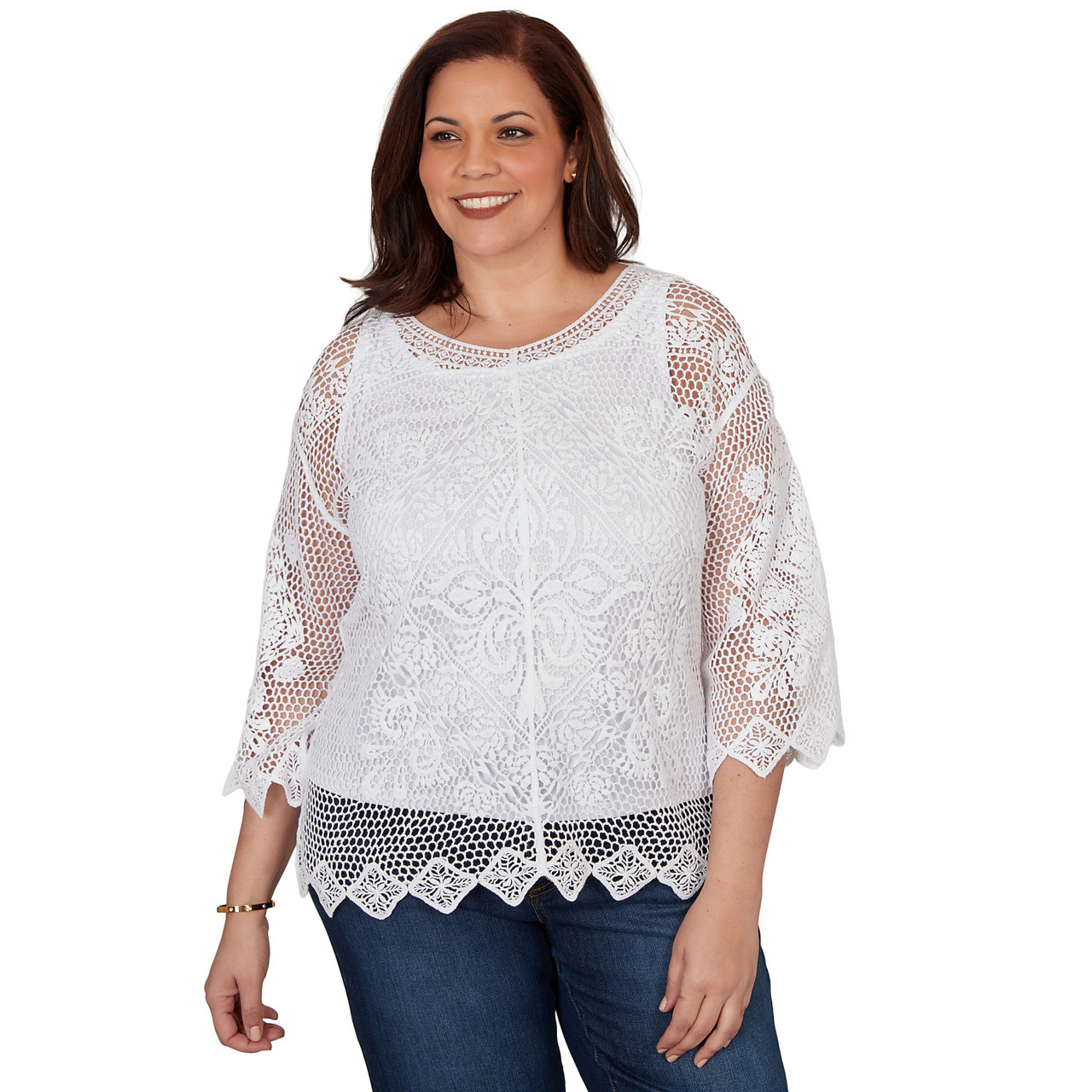 Plus Women's Scalloped Medallion Crochet Lined Lace Top | Ruby Rd.