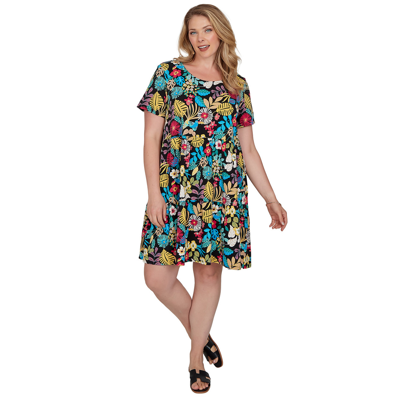 tropical print cotton dress Joseph Ribkoff Cotton Tropical Print A-Line Wrap Dress Style 262225 Vanilla/Multi / 14