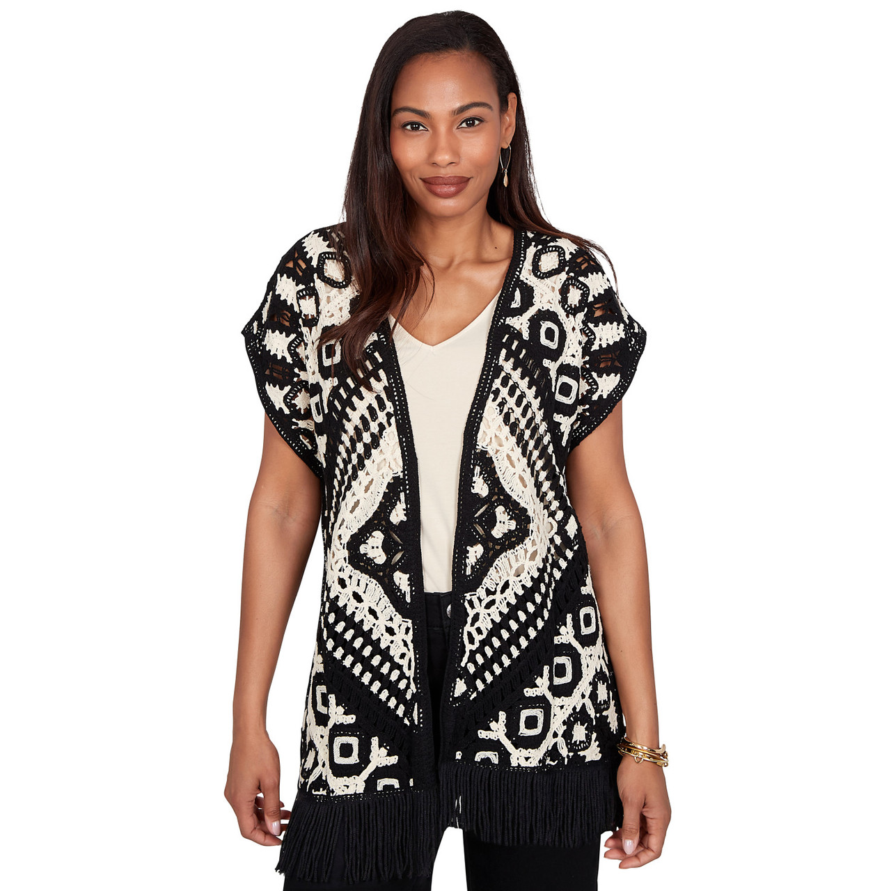 Women's Medallion Crochet Fringe Sleeveless Cardigan | Ruby Rd.