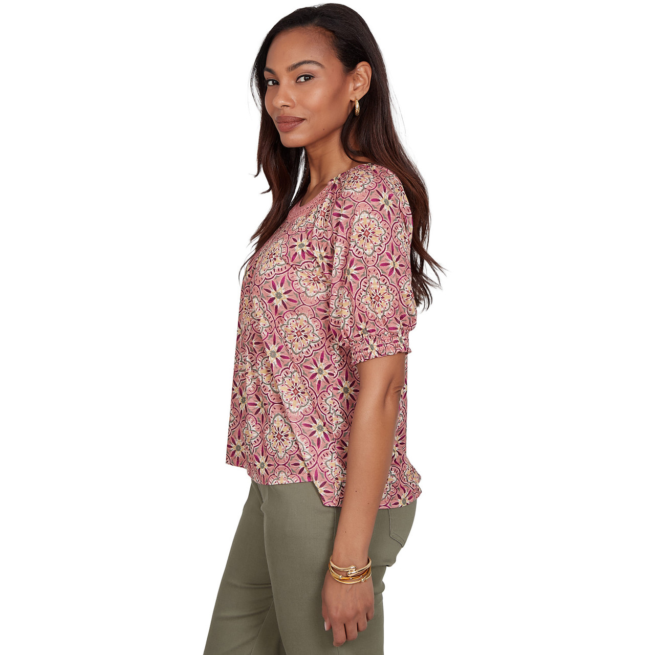 Women's Desert Geo Print Lace Trim Knit Top | Ruby Rd.