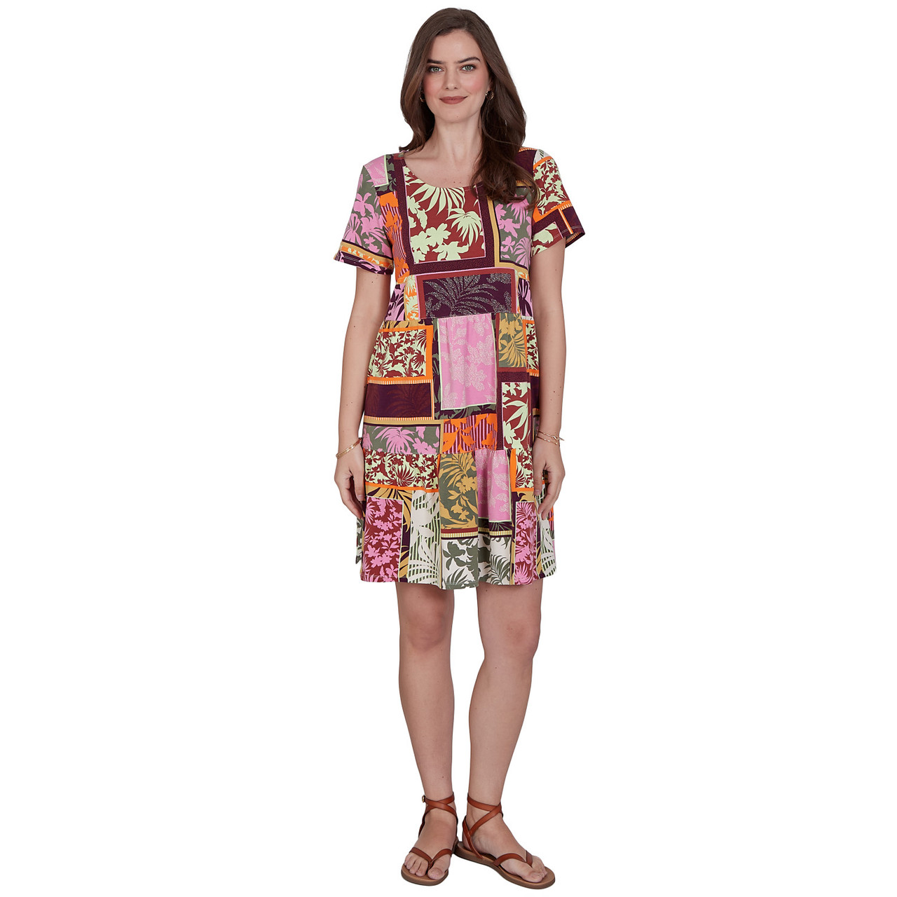 Petite Women's Tropical Patchwork Stretch Cotton Tiered Pocket