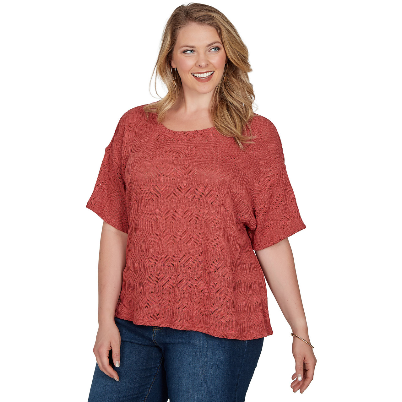 Plus Women's Crochet Diamond Textured Knit Top | Ruby Rd.