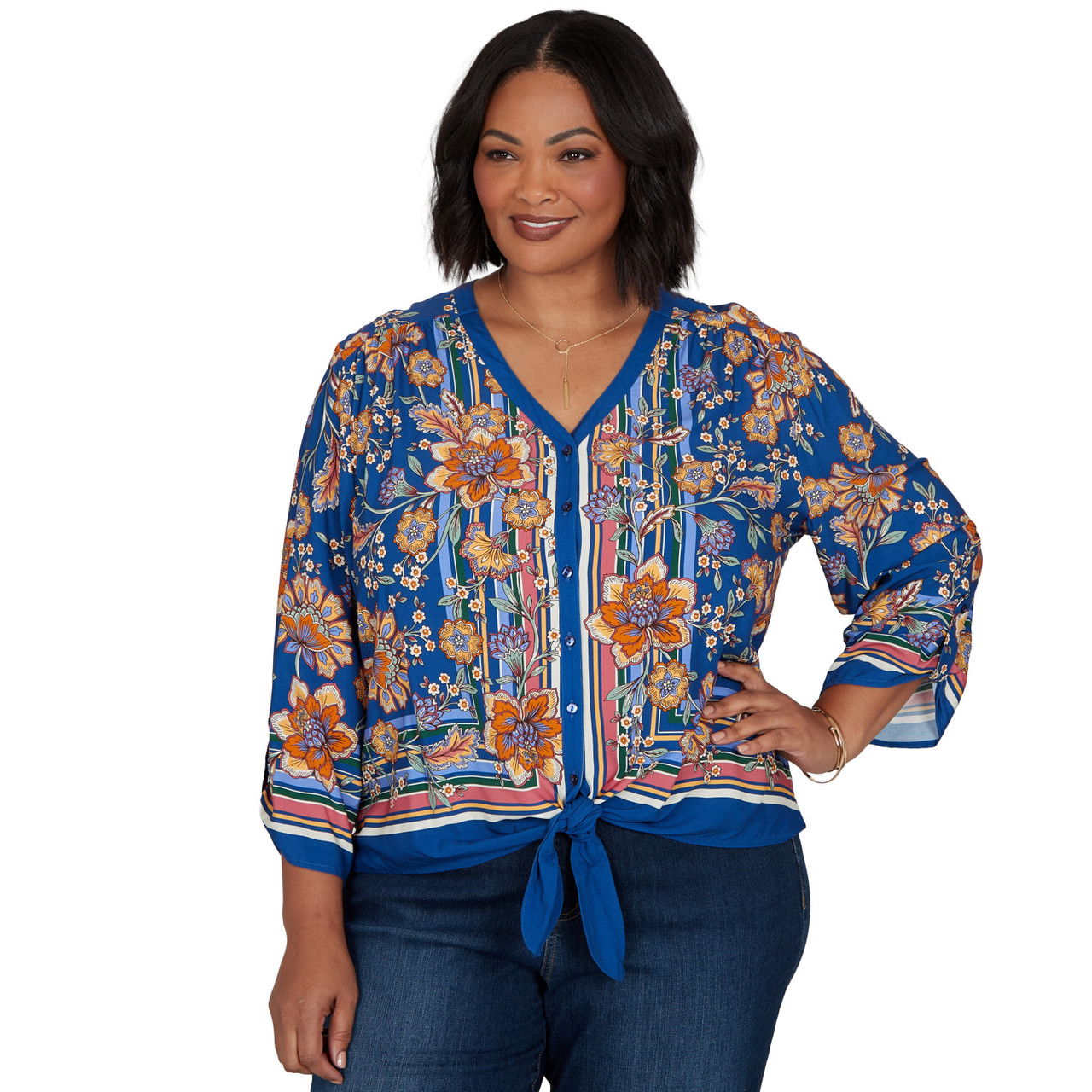 Plus Women's Floral Vines Tied Button Front Blouse | Ruby Rd.