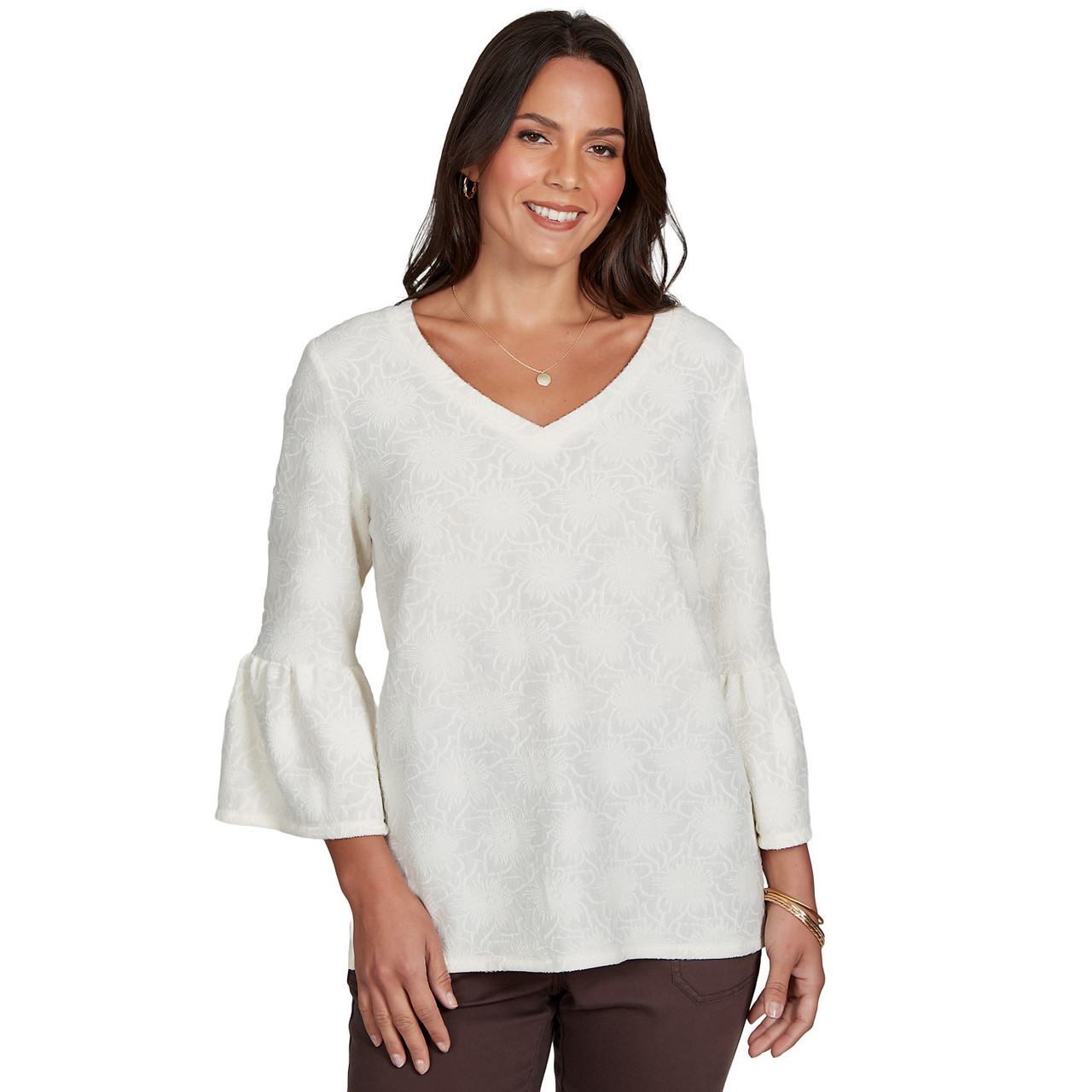 Women's Floral Jacquard Textured Solid Knit Top | Ruby Rd.