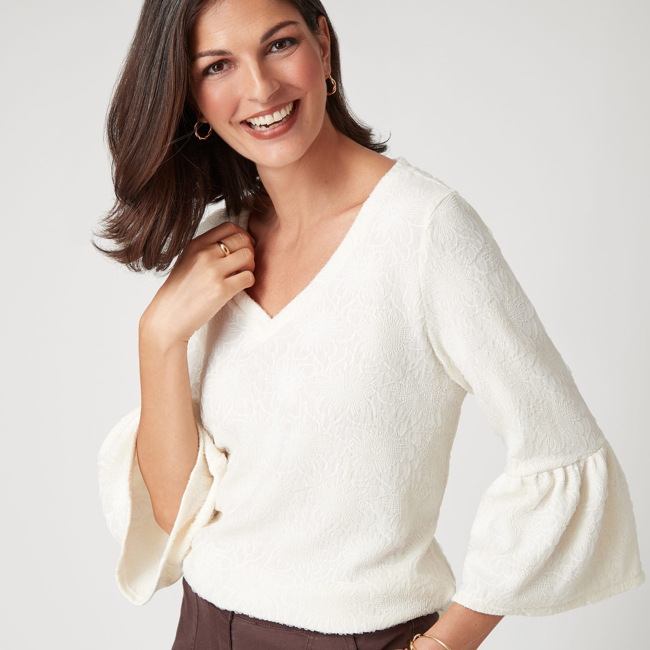Women's Floral Jacquard Textured Solid Knit Top | Ruby Rd.