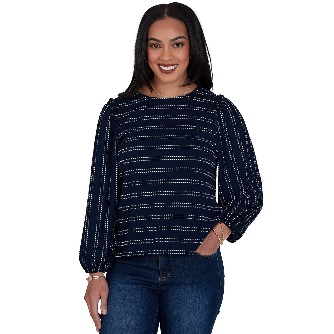 Women's Textured Stripe Shoulder Ruffle Top | Ruby Rd.