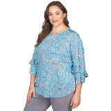 Plus Women's Paisley Dew Drop Knit Top with Ruffle Sleeves