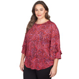 Plus Women's Paisley Dew Drop Knit Top with Ruffle Sleeves