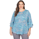 Plus Women's Paisley Dew Drop Knit Top with Ruffle Sleeves