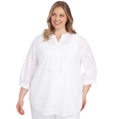 Plus Women's Solid Island Cotton Eyelet Texture Top