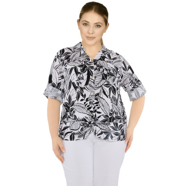 Plus Women's Button Front Leaf Print Collared Tee