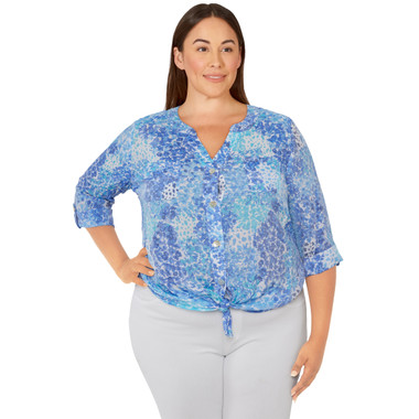 Women's Button Down Floral Collage Top | Royal Multi | Front