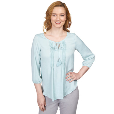 Women's Crinkled Satin Tie-Neck Peasant Top