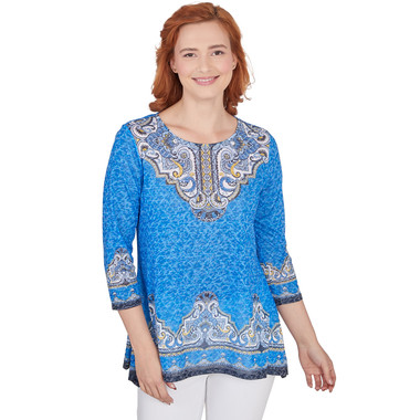 Petite Women's Embellished Border Print Sublimation Top