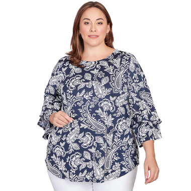 Plus Women's Paisley Puff Print Monotone Top